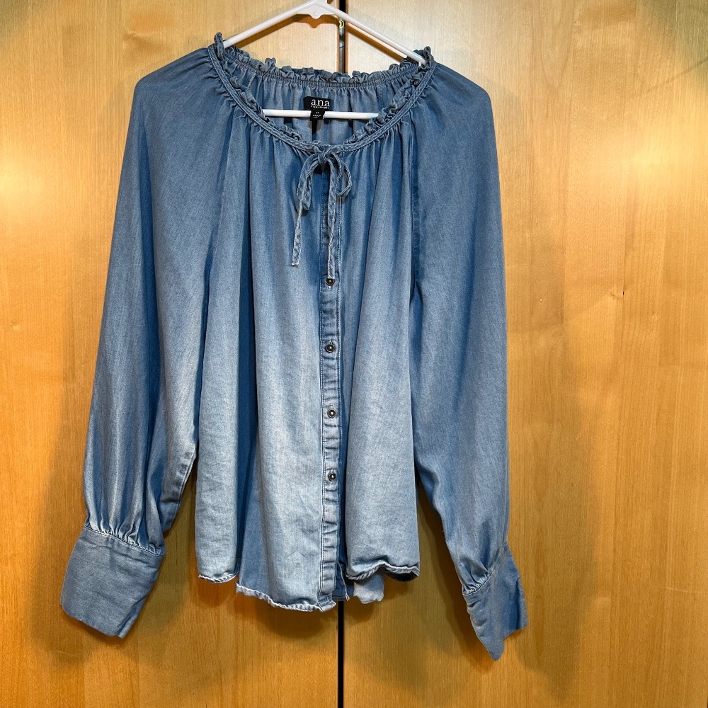 Denim Metal Button Front Blouse A.N.A. Sz XL Wide Sleeve Cuffs